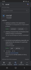 Screenshot of the dictionary definition of social (in dark mode)