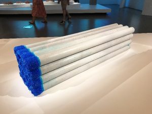Elliot Bastianon, Cylinder Bench Seat, 2020, blue crystal, concrete, copper sulphate.